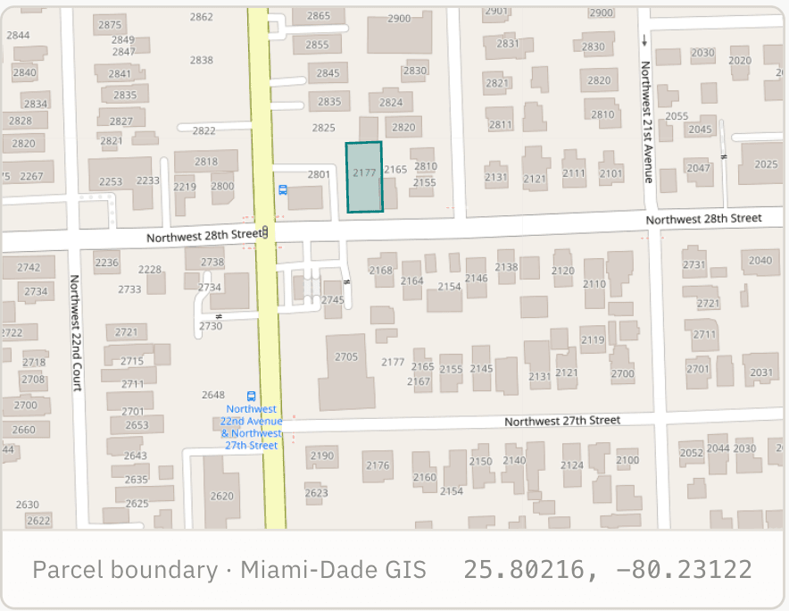 Provided Miami-Dade GIS map highlighting the narrow parcel at 2177 NW 28th St